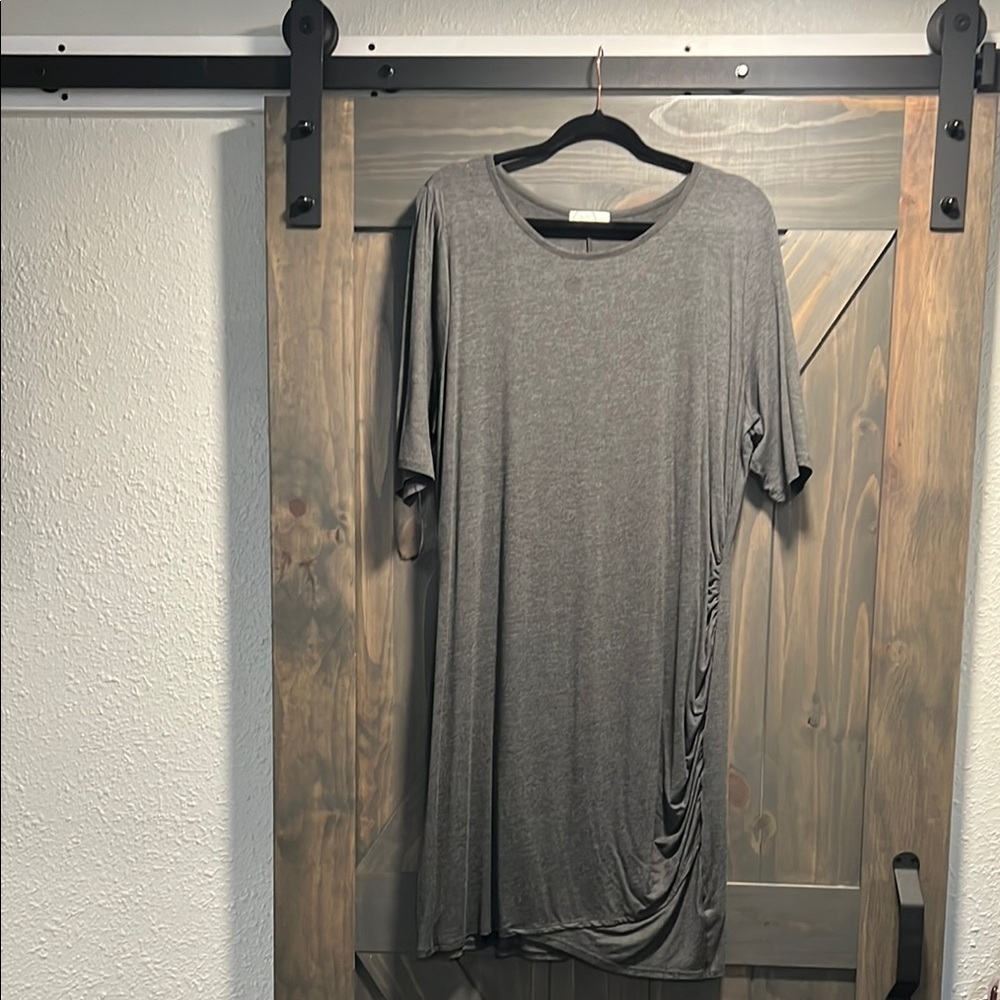 Gray Tunic Dress with Crew Neck 3/4 Sleeves and Asymmetrical Ruched Style